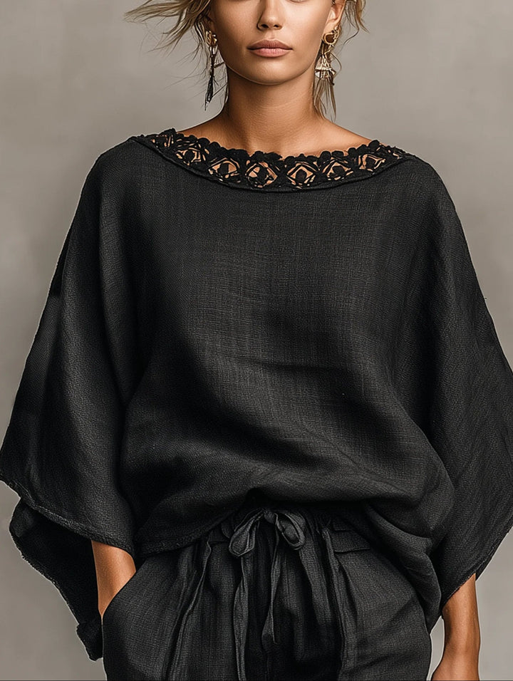 Conjunto de Blusa de Encaje Lila con Cuello Barco y Shorts