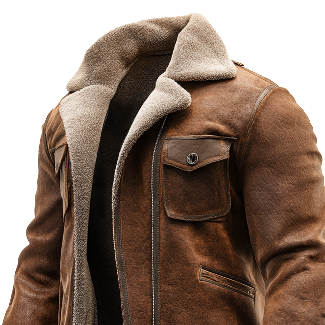 Adrián - Chaqueta vintage de cuero marrón con lana sintética