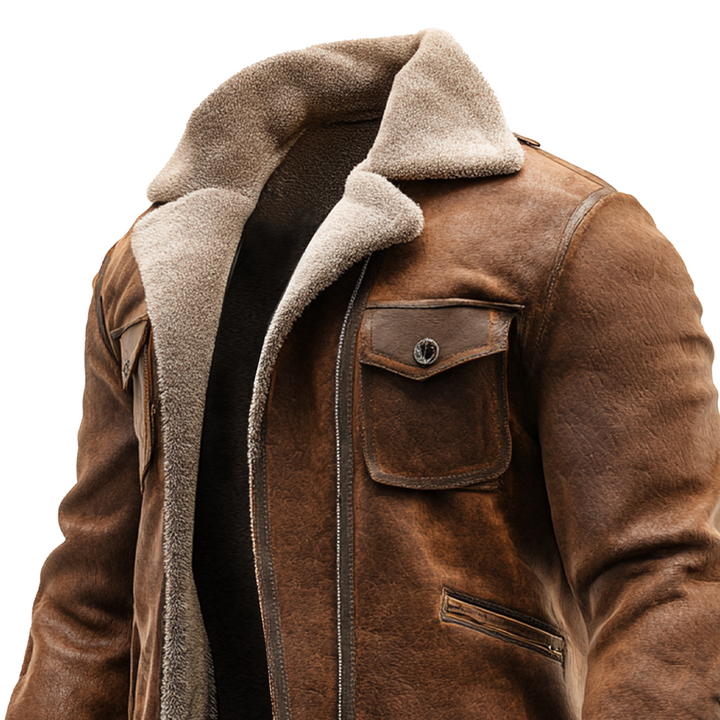 Adrián - Chaqueta vintage de cuero marrón con lana sintética