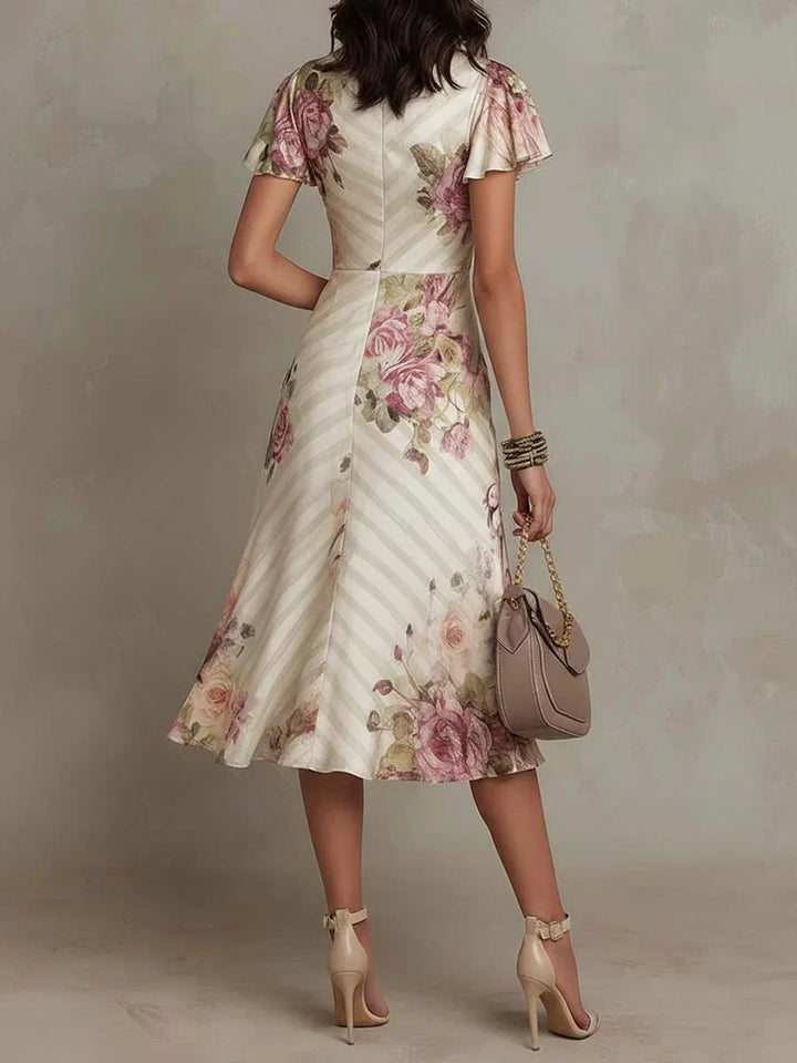 Alba | Sofisticado Vestido Midi con Volantes de Flores