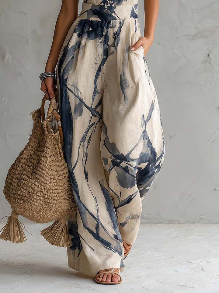 Mono de Pierna Ancha con Estampado en Tinta Lila