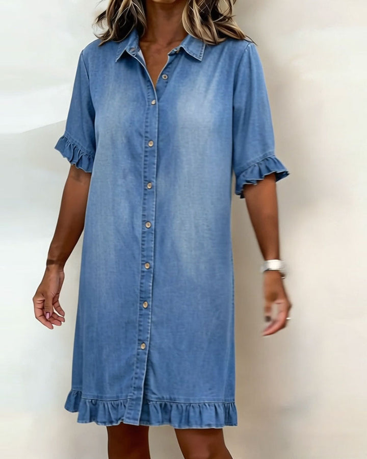 María | Bata de Denim Cómoda con Pliegues Halagadores