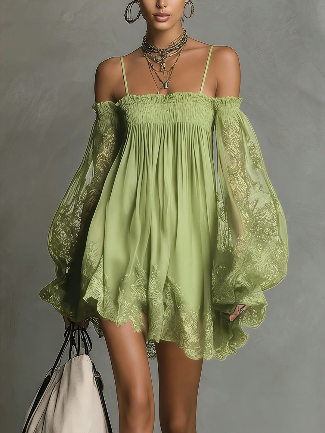 Noemi | Vestido mini de gasa azul marino con escote off-the-shoulder, detalles de encaje y mangas transparentes