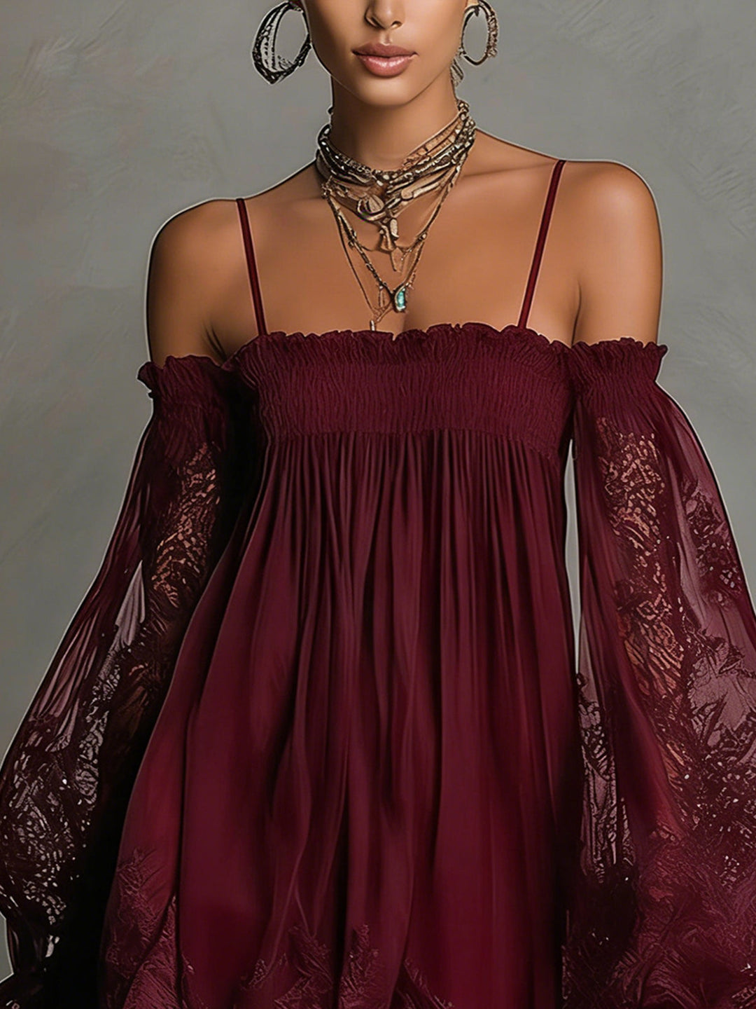 Noemi | Vestido mini de gasa azul marino con escote off-the-shoulder, detalles de encaje y mangas transparentes