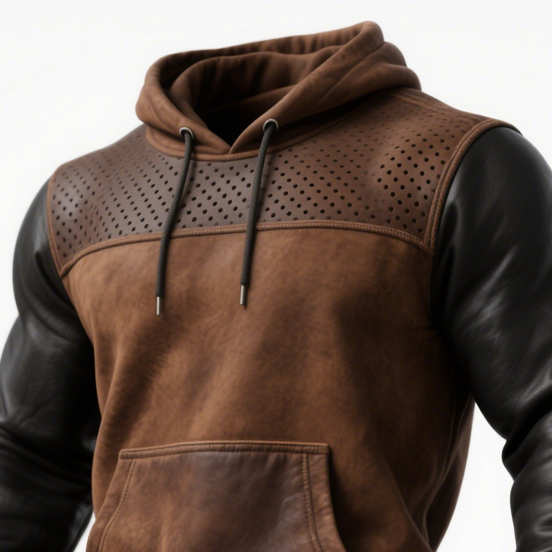 Julian - Sudadera con detalles de cuero marrón y perforaciones
