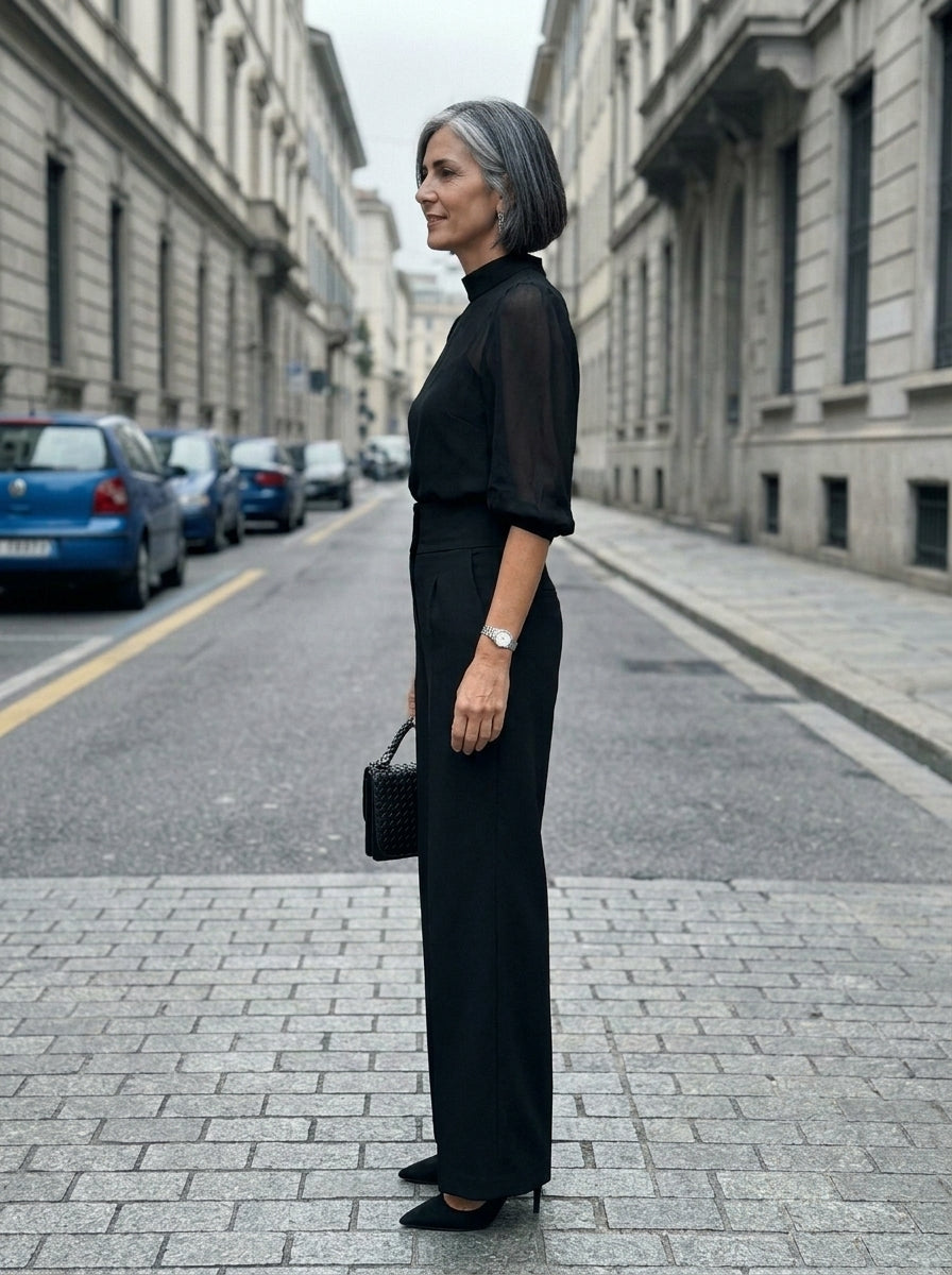 Valentina | Conjunto de tres piezas negro, compuesto por top camisón transparente y pantalones de pierna ancha