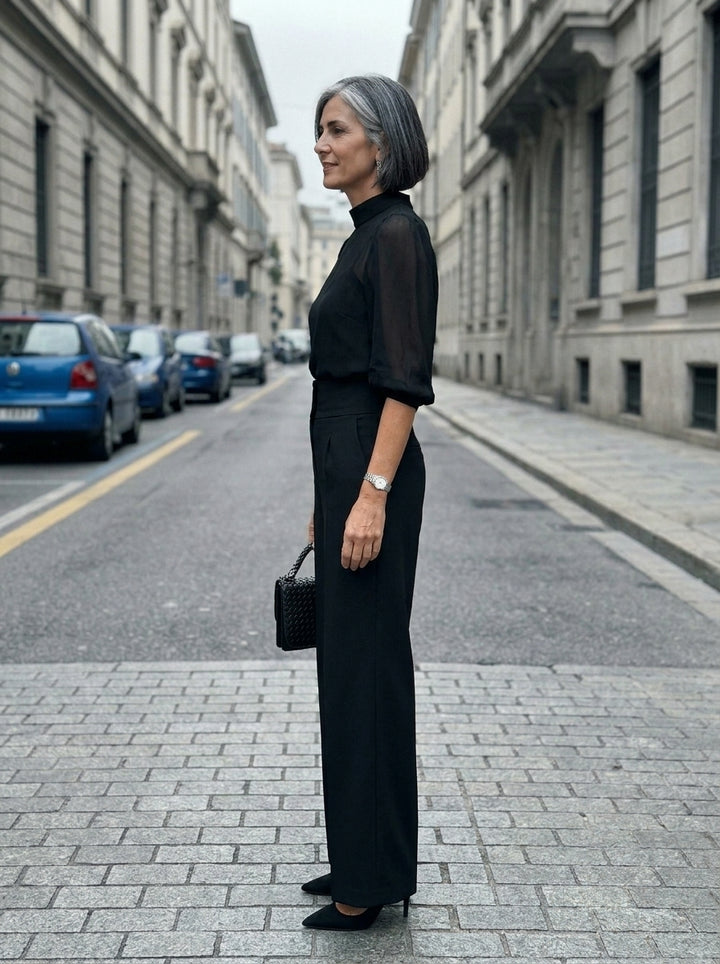 Valentina | Conjunto de tres piezas negro, compuesto por top camisón transparente y pantalones de pierna ancha