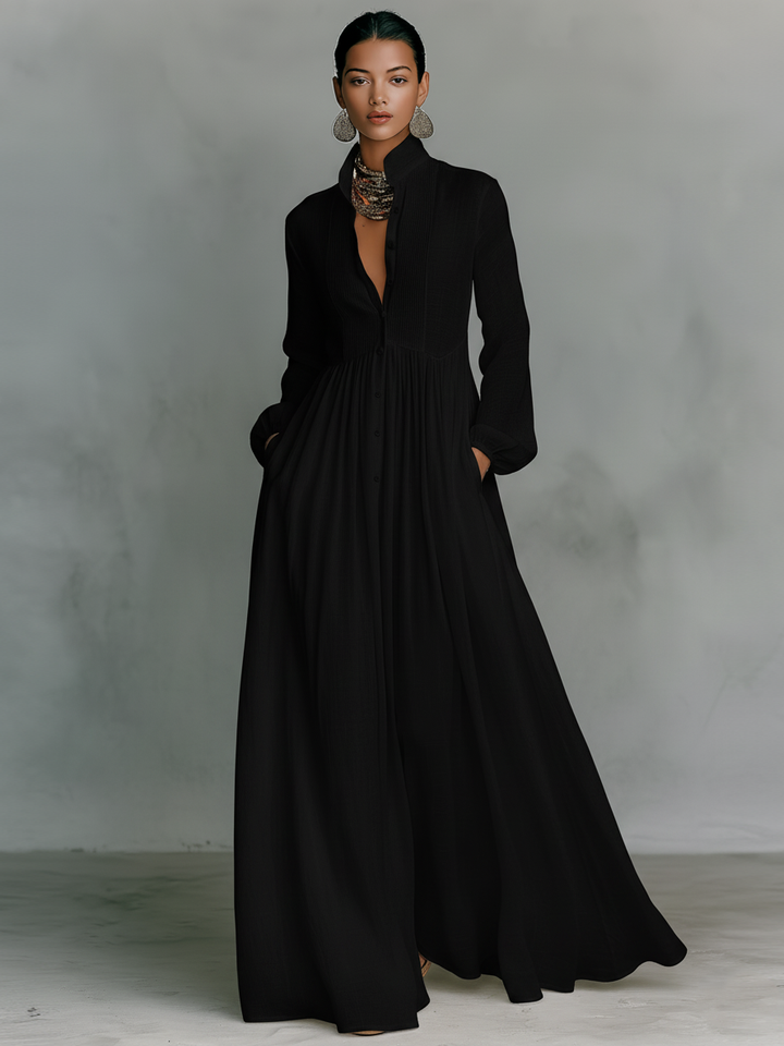 ESENCIAL - Vestido Maxi Minimalista de Algodón y Lino con Detalles de Patchwork, Cuello Alto y Mangas Largas