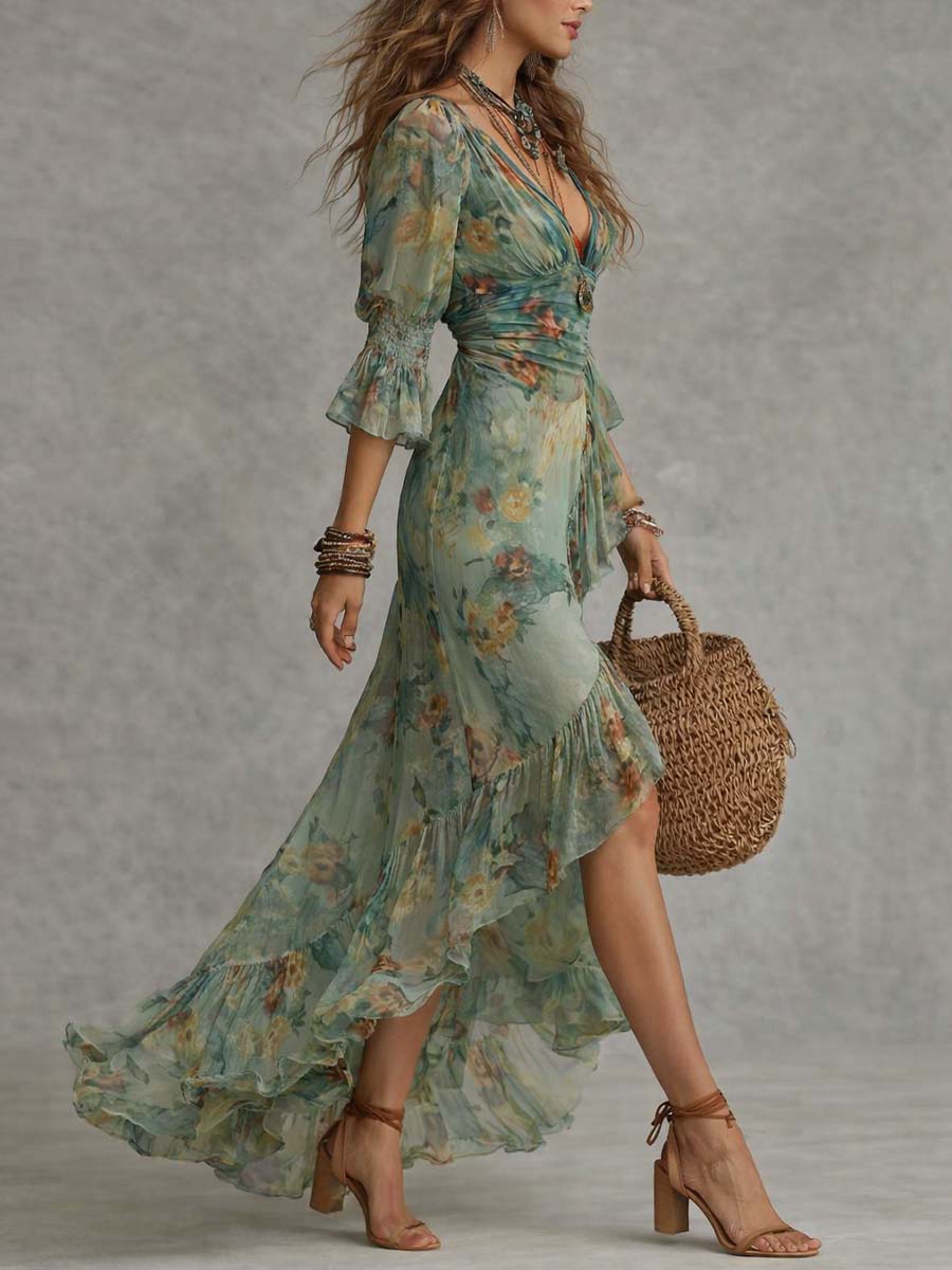 Aurora – Vestido Maxi Floral Boho con Bajo Asimétrico Romántico