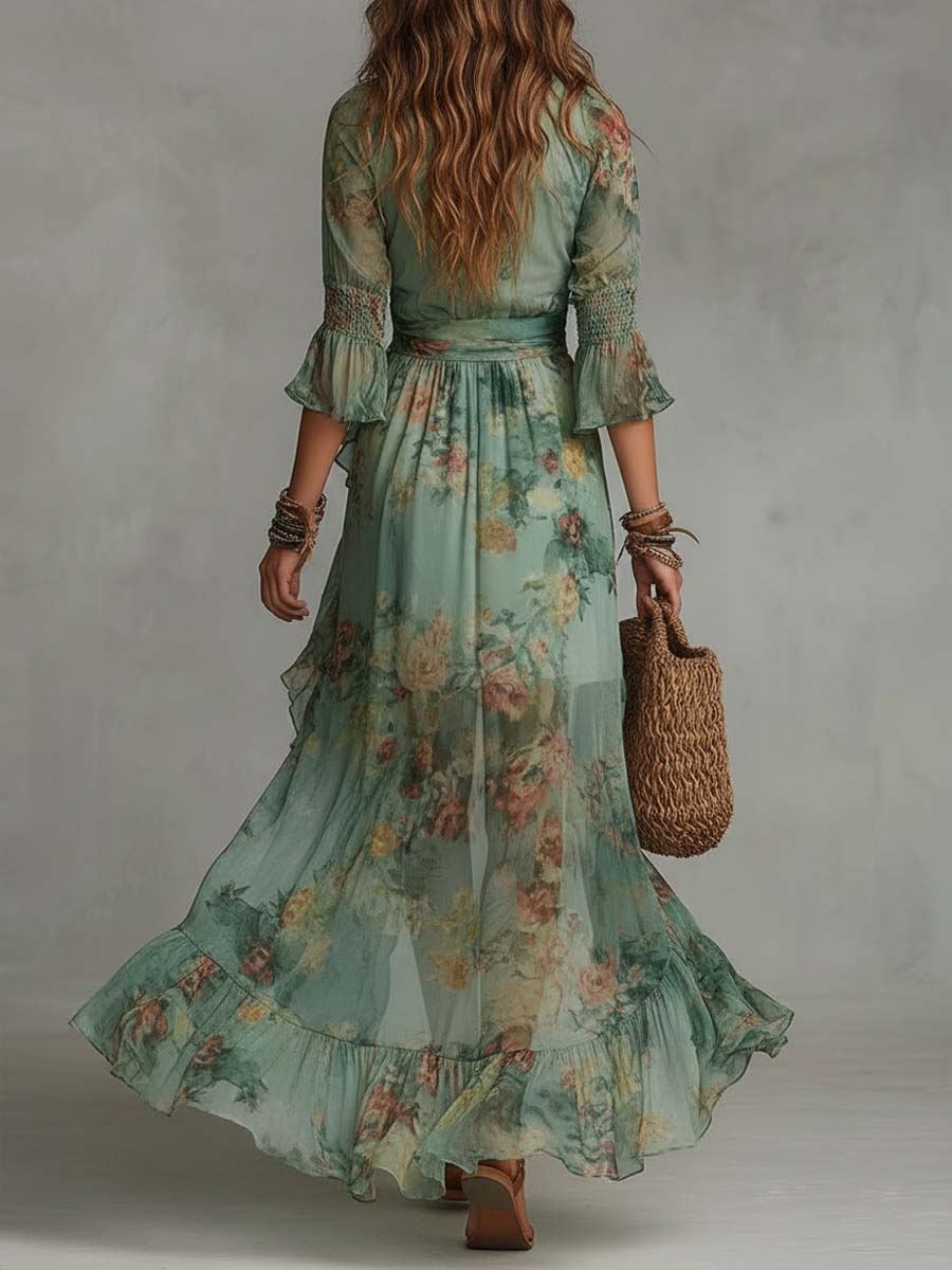Aurora – Vestido Maxi Floral Boho con Bajo Asimétrico Romántico