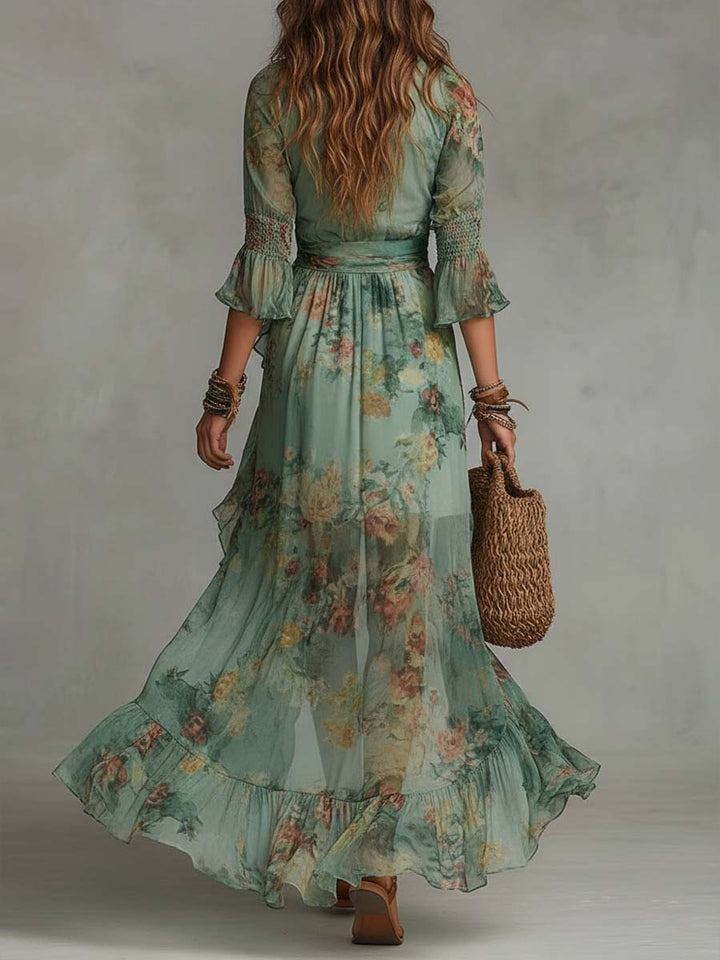 Aurora – Vestido Maxi Floral Boho con Bajo Asimétrico Romántico