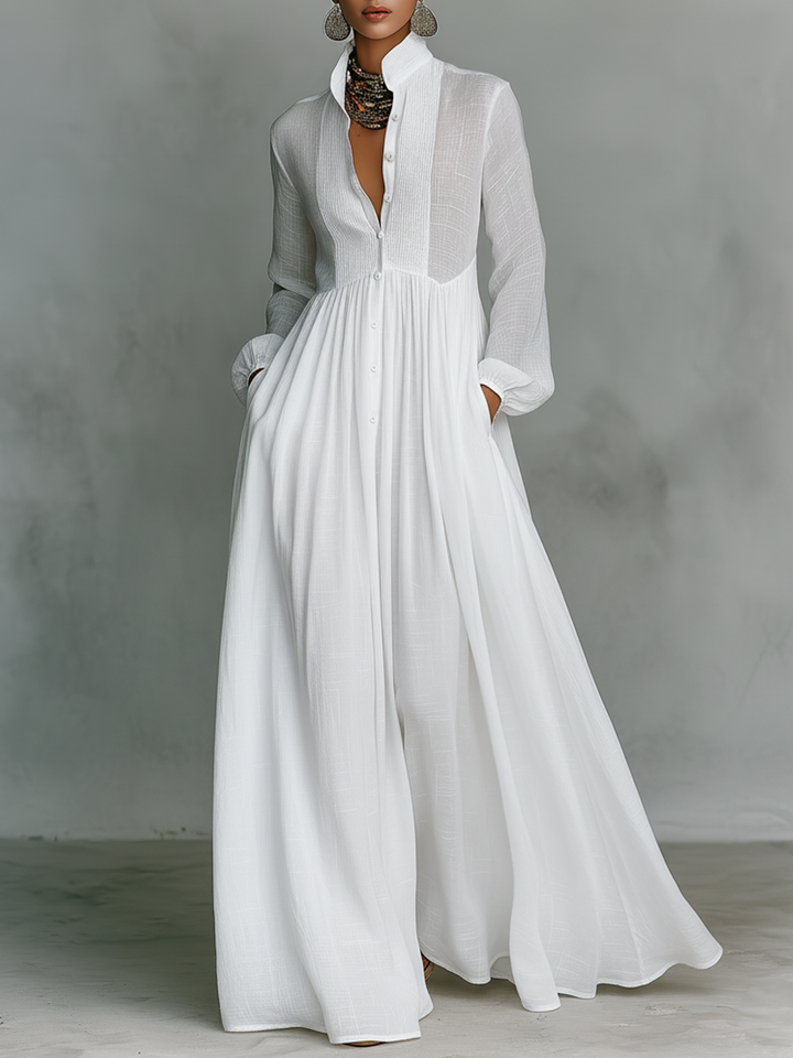 ESENCIAL - Vestido Maxi Minimalista de Algodón y Lino con Detalles de Patchwork, Cuello Alto y Mangas Largas