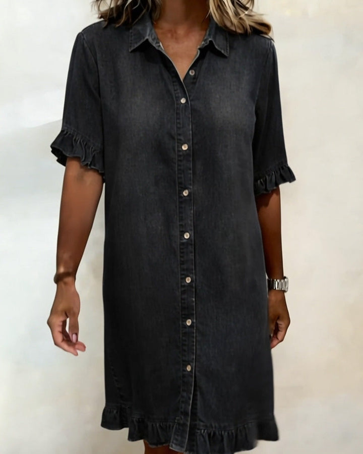 María | Bata de Denim Cómoda con Pliegues Halagadores