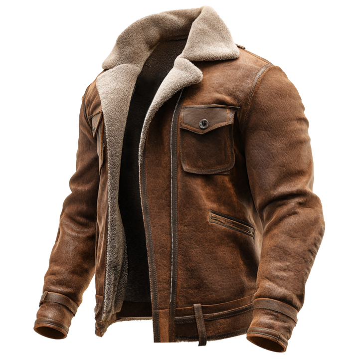 Adrián - Chaqueta vintage de cuero marrón con lana sintética