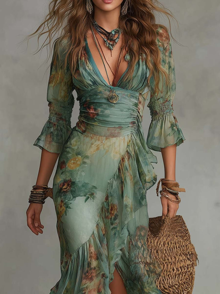 Aurora – Vestido Maxi Floral Boho con Bajo Asimétrico Romántico