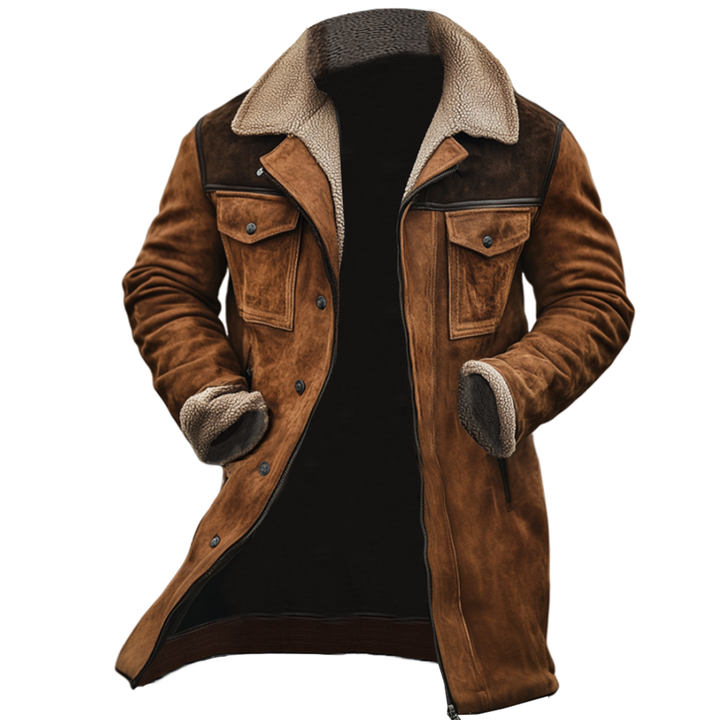 Nicolas - Chaqueta vintage de ante con parches, múltiples bolsillos y cuello alto