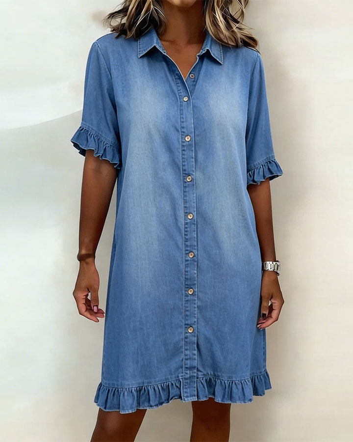 María | Bata de Denim Cómoda con Pliegues Halagadores