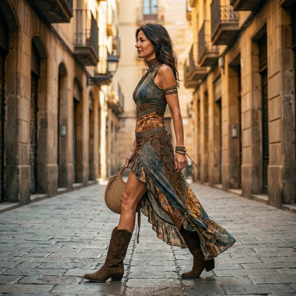 Elena ∙ Vestido largo de un solo hombro estampado en estilo étnico con abertura alta