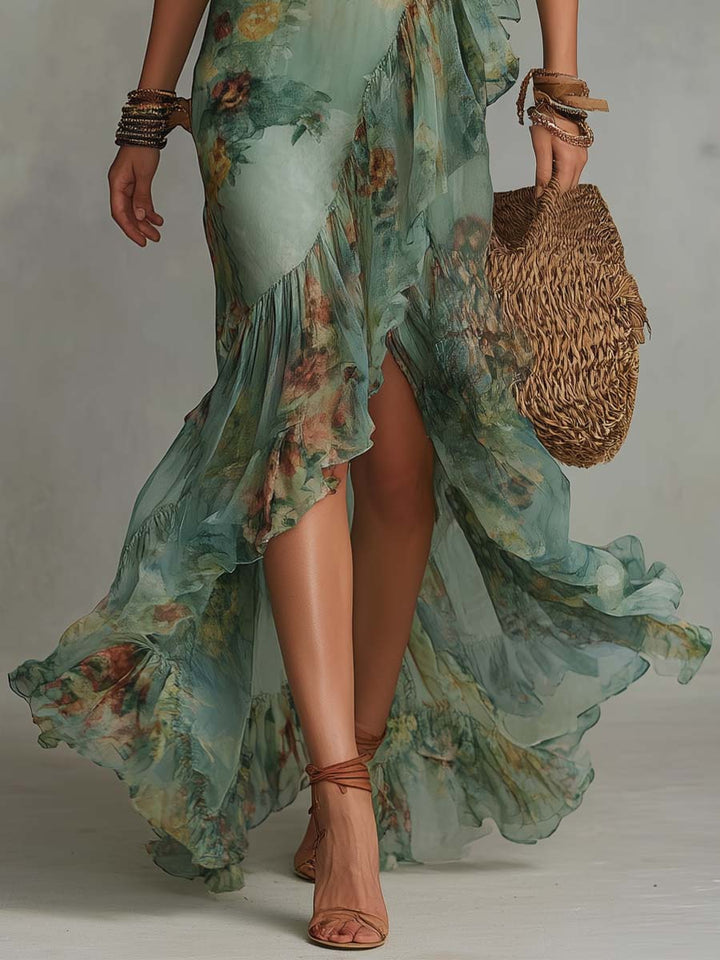 Aurora – Vestido Maxi Floral Boho con Bajo Asimétrico Romántico