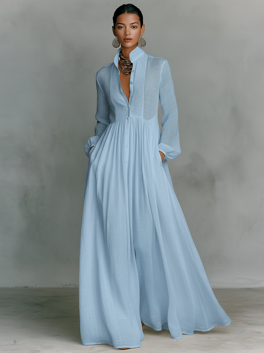 ESENCIAL - Vestido Maxi Minimalista de Algodón y Lino con Detalles de Patchwork, Cuello Alto y Mangas Largas