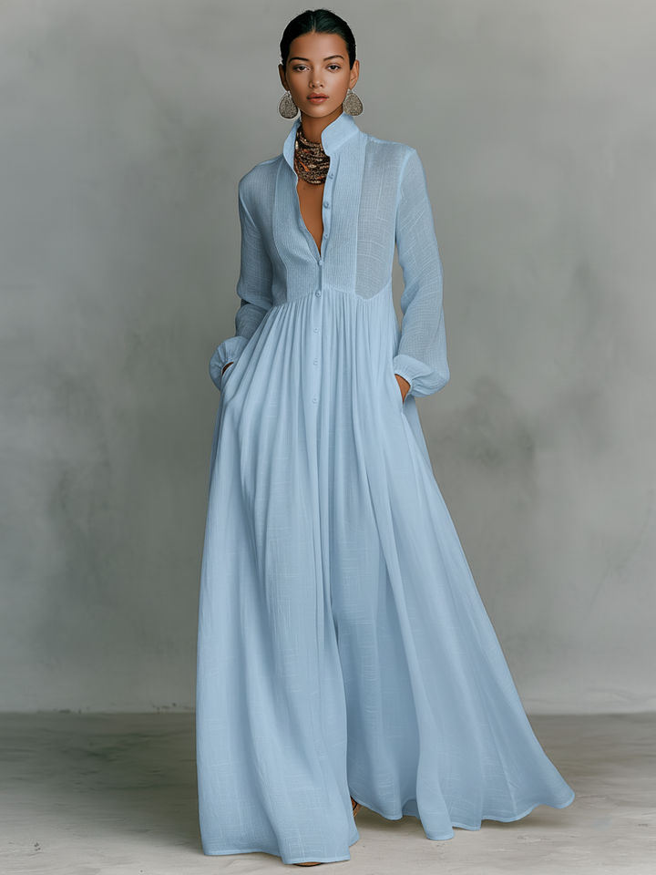 ESENCIAL - Vestido Maxi Minimalista de Algodón y Lino con Detalles de Patchwork, Cuello Alto y Mangas Largas