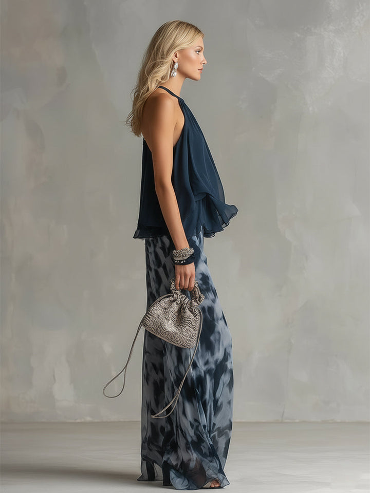 Ludovica | Elegante Conjunto de Top Halter en Azul Marino y Pantalones de Pierna Ancha