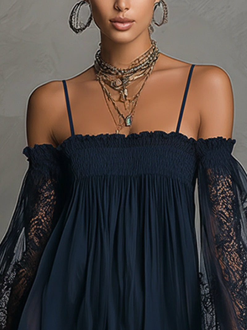 Noemi | Vestido mini de gasa azul marino con escote off-the-shoulder, detalles de encaje y mangas transparentes