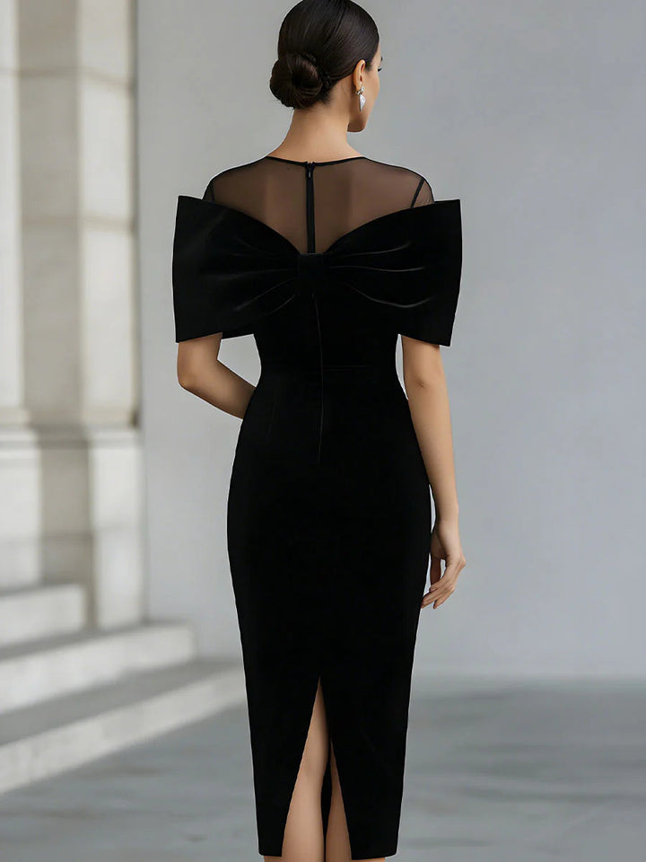 Vestido Midi de Terciopelo Negro con Lazo Dramático