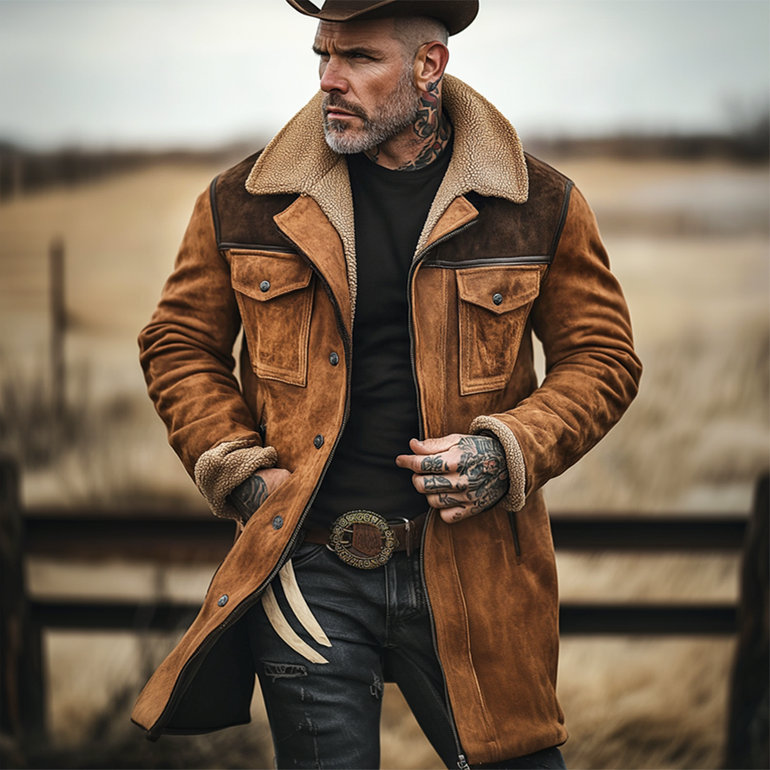 Nicolas - Chaqueta vintage de ante con parches, múltiples bolsillos y cuello alto