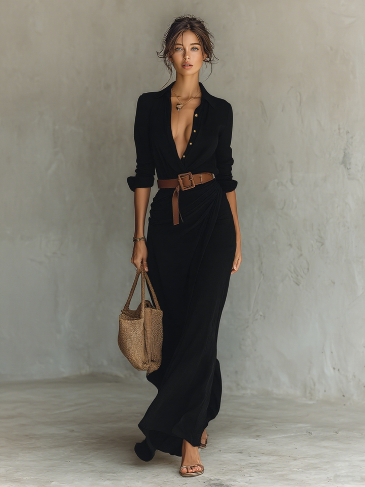 ESENCIAL - Vestido Maxi Largo con Cuello de Solapa y Mangas Largas para Damas