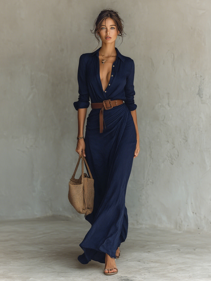 ESENCIAL - Vestido Maxi Largo con Cuello de Solapa y Mangas Largas para Damas