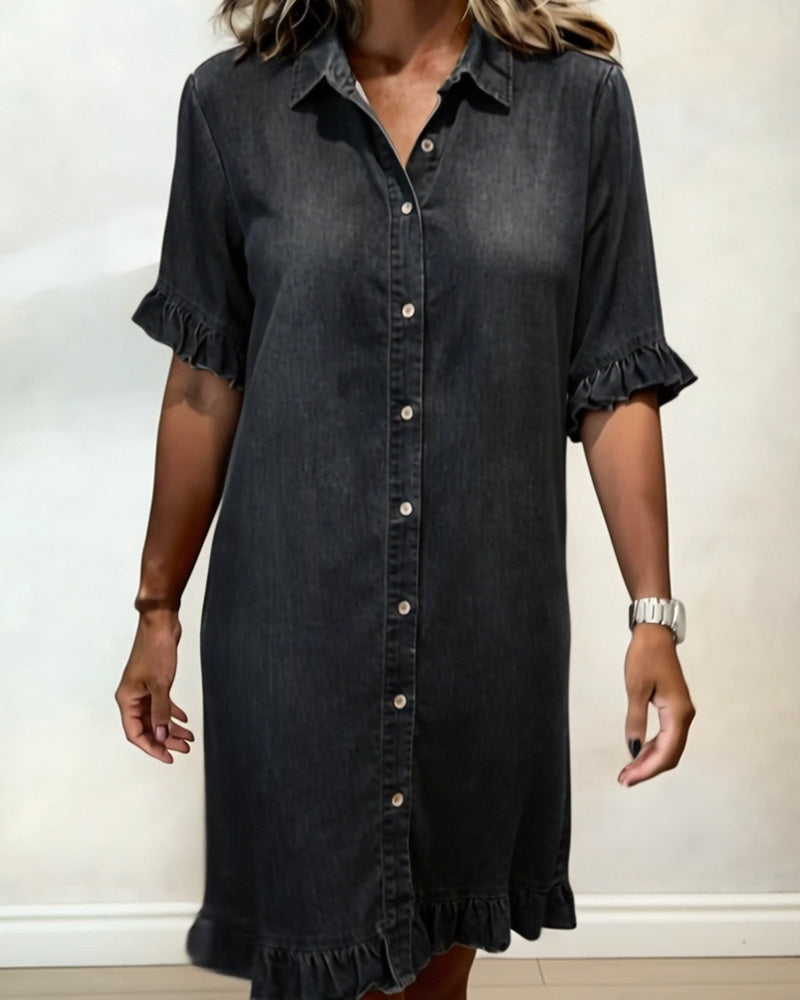 María | Bata de Denim Cómoda con Pliegues Halagadores