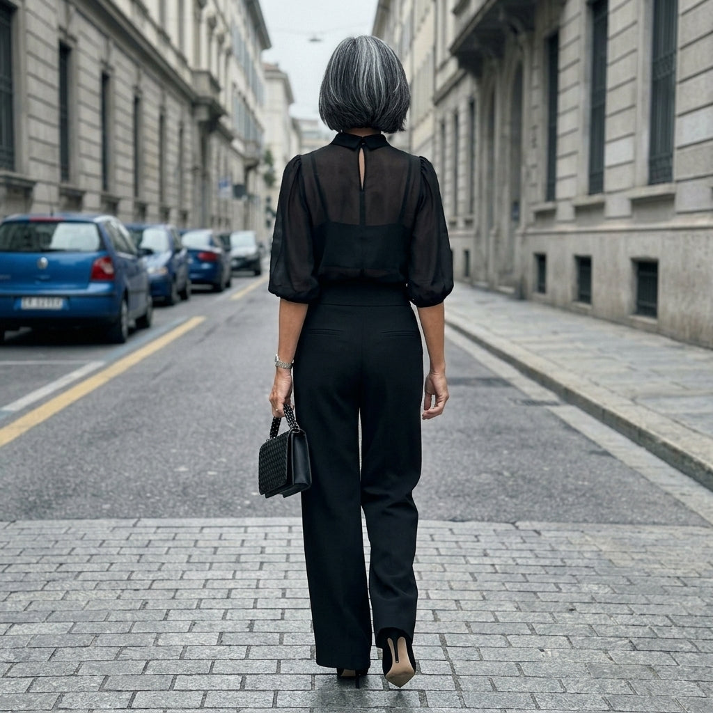 Valentina | Conjunto de tres piezas negro, compuesto por top camisón transparente y pantalones de pierna ancha