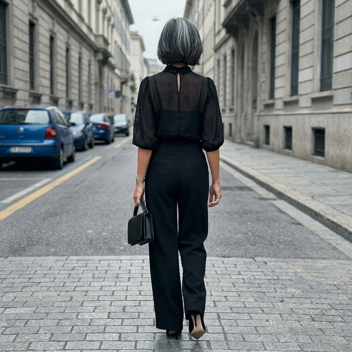 Valentina | Conjunto de tres piezas negro, compuesto por top camisón transparente y pantalones de pierna ancha