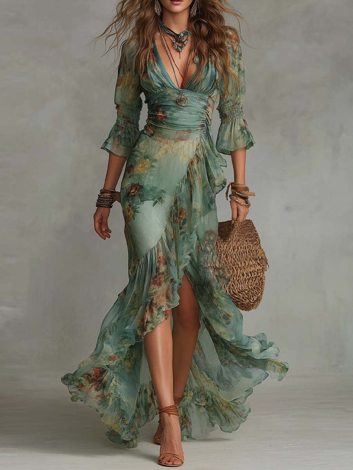 Aurora – Vestido Maxi Floral Boho con Bajo Asimétrico Romántico