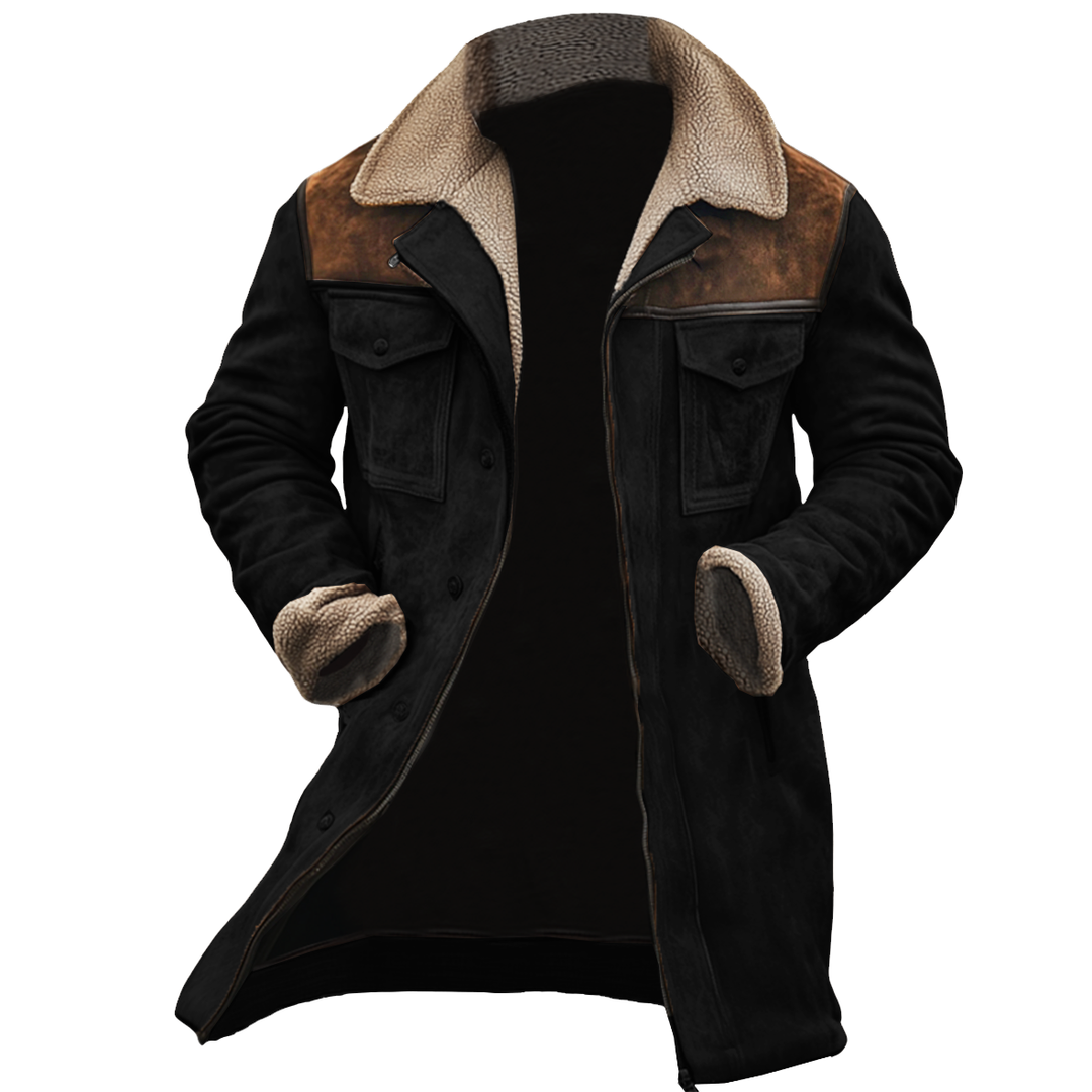 Nicolas - Chaqueta vintage de ante con parches, múltiples bolsillos y cuello alto