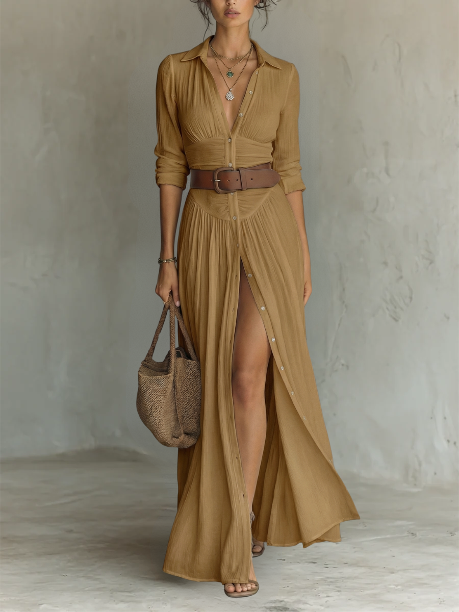 ESENCIAL - Maxi Vestido Largo con Cuello en V y Mangas Largas para Mujeres