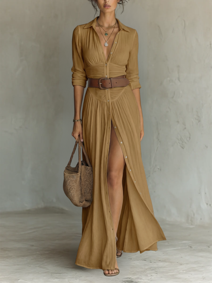 ESENCIAL - Maxi Vestido Largo con Cuello en V y Mangas Largas para Mujeres