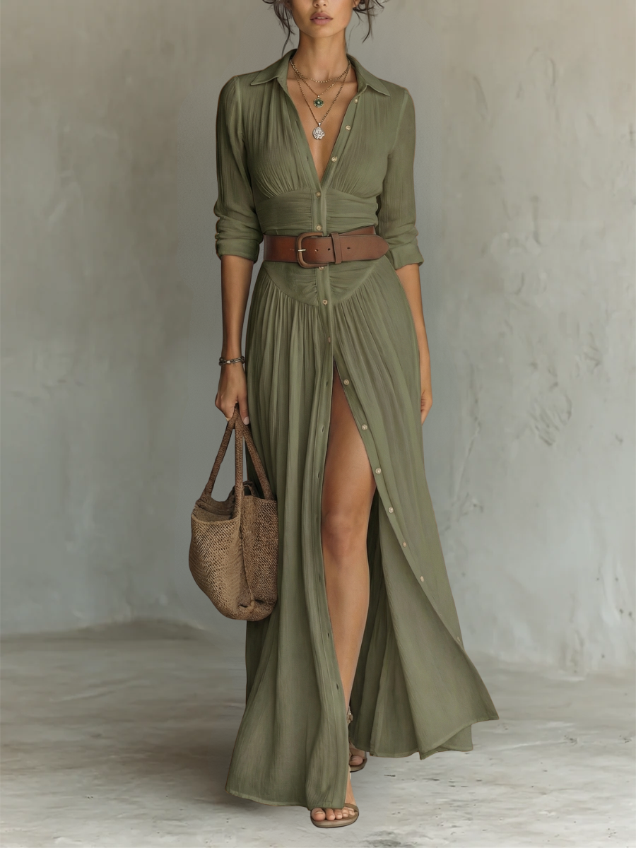 ESENCIAL - Maxi Vestido Largo con Cuello en V y Mangas Largas para Mujeres
