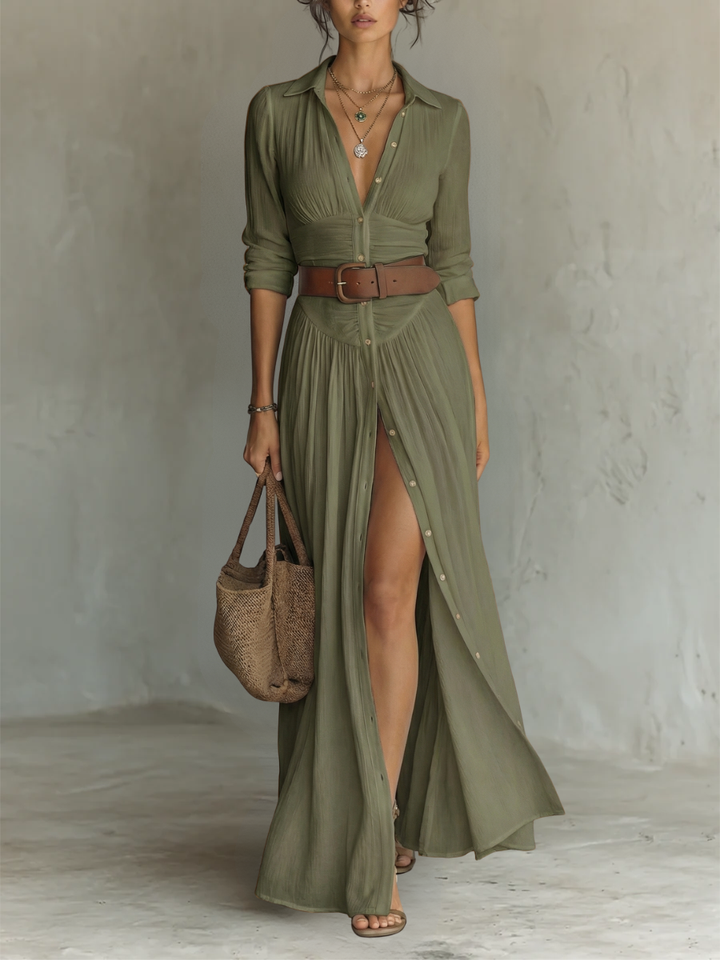 ESENCIAL - Maxi Vestido Largo con Cuello en V y Mangas Largas para Mujeres
