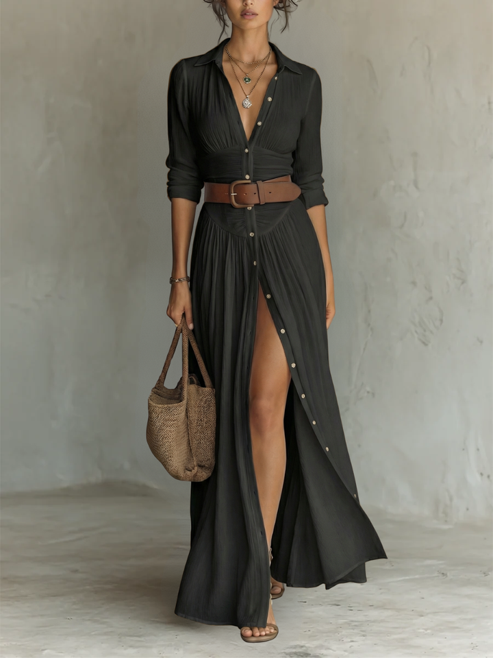 ESENCIAL - Maxi Vestido Largo con Cuello en V y Mangas Largas para Mujeres