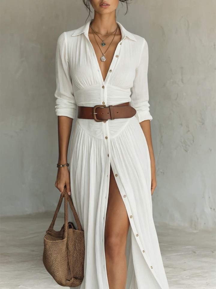 ESENCIAL - Maxi Vestido Largo con Cuello en V y Mangas Largas para Mujeres