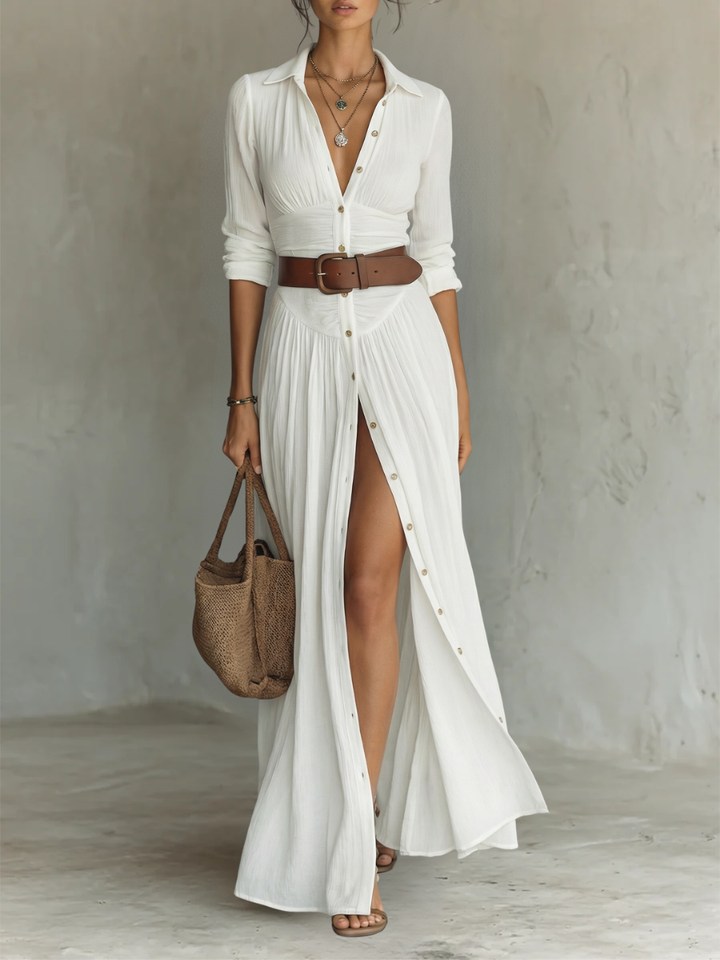 ESENCIAL - Maxi Vestido Largo con Cuello en V y Mangas Largas para Mujeres