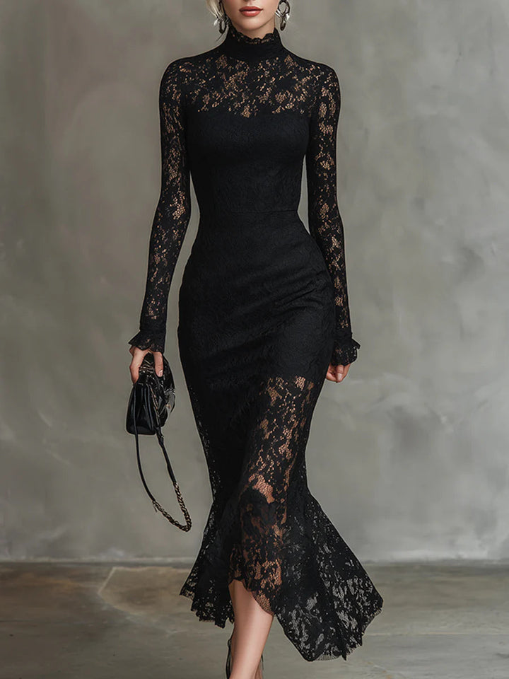 Teresa - Elegante Vestido Maxi de Cola de Pescado de Encaje Negro Elástico