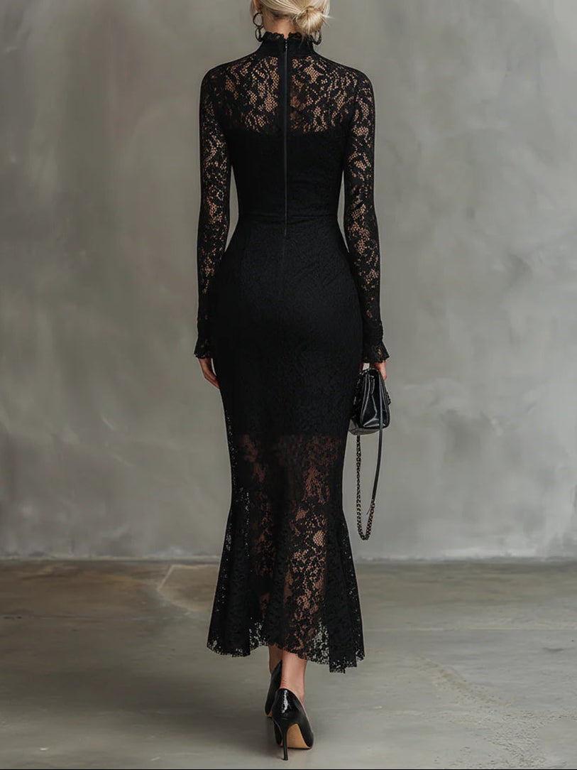 Teresa - Elegante Vestido Maxi de Cola de Pescado de Encaje Negro Elástico