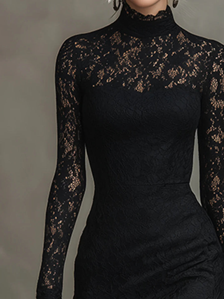 Teresa - Elegante Vestido Maxi de Cola de Pescado de Encaje Negro Elástico