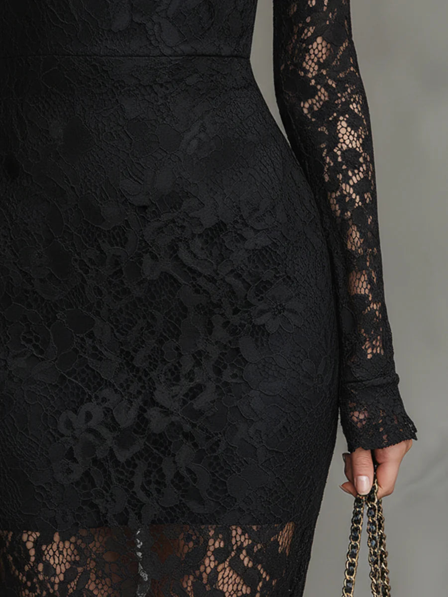 Teresa - Elegante Vestido Maxi de Cola de Pescado de Encaje Negro Elástico