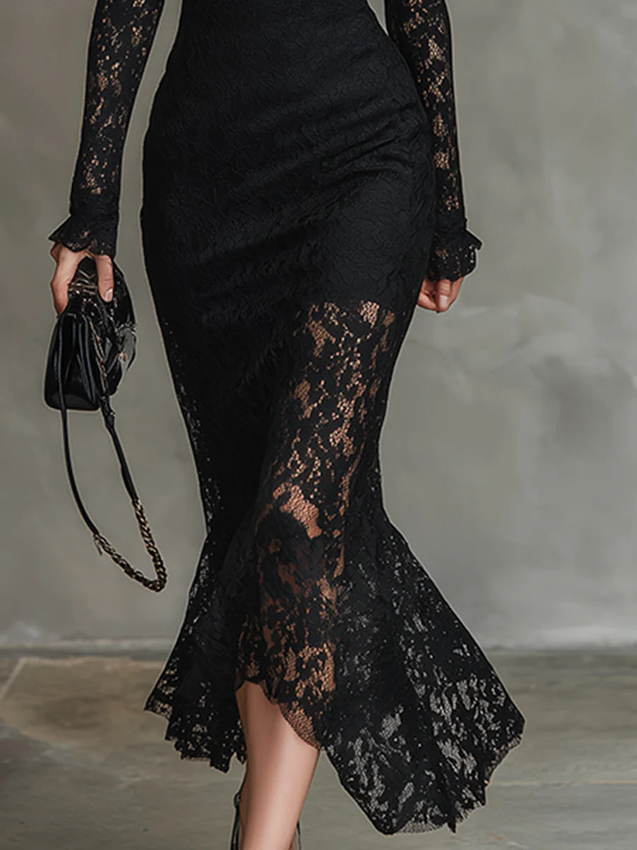 Teresa - Elegante Vestido Maxi de Cola de Pescado de Encaje Negro Elástico