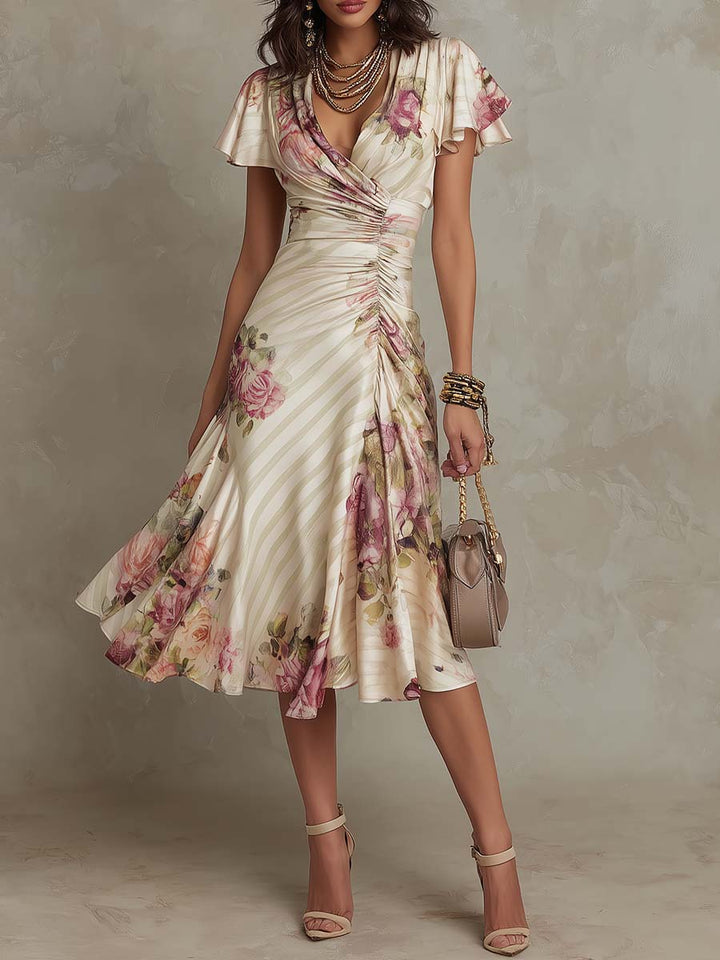 Alba | Sofisticado Vestido Midi con Volantes de Flores