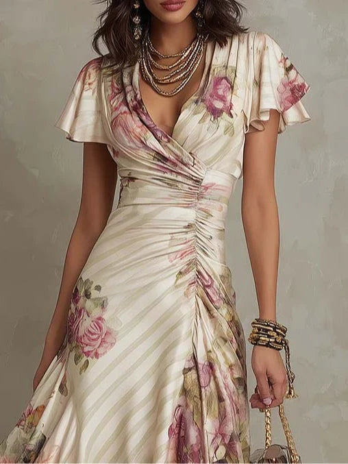 Alba | Sofisticado Vestido Midi con Volantes de Flores